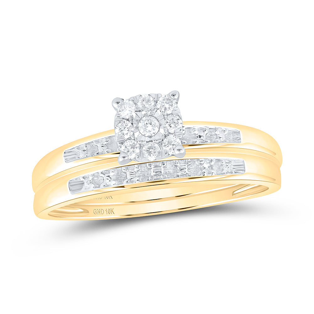 10kt Yellow Gold His Hers Round Diamond Cluster Matching Wedding Set 1/10 Cttw