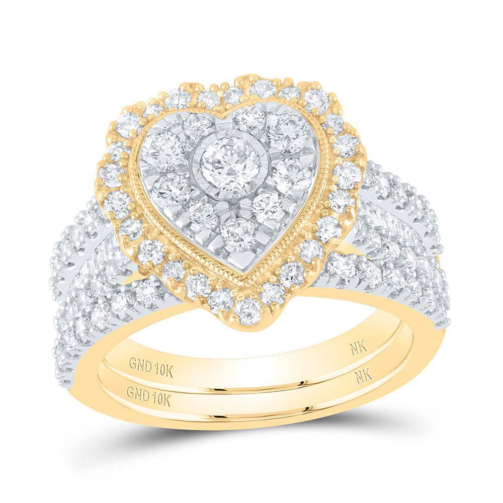 10kt Yellow Gold Round Diamond Heart Bridal Wedding Ring Band Set 2 Cttw