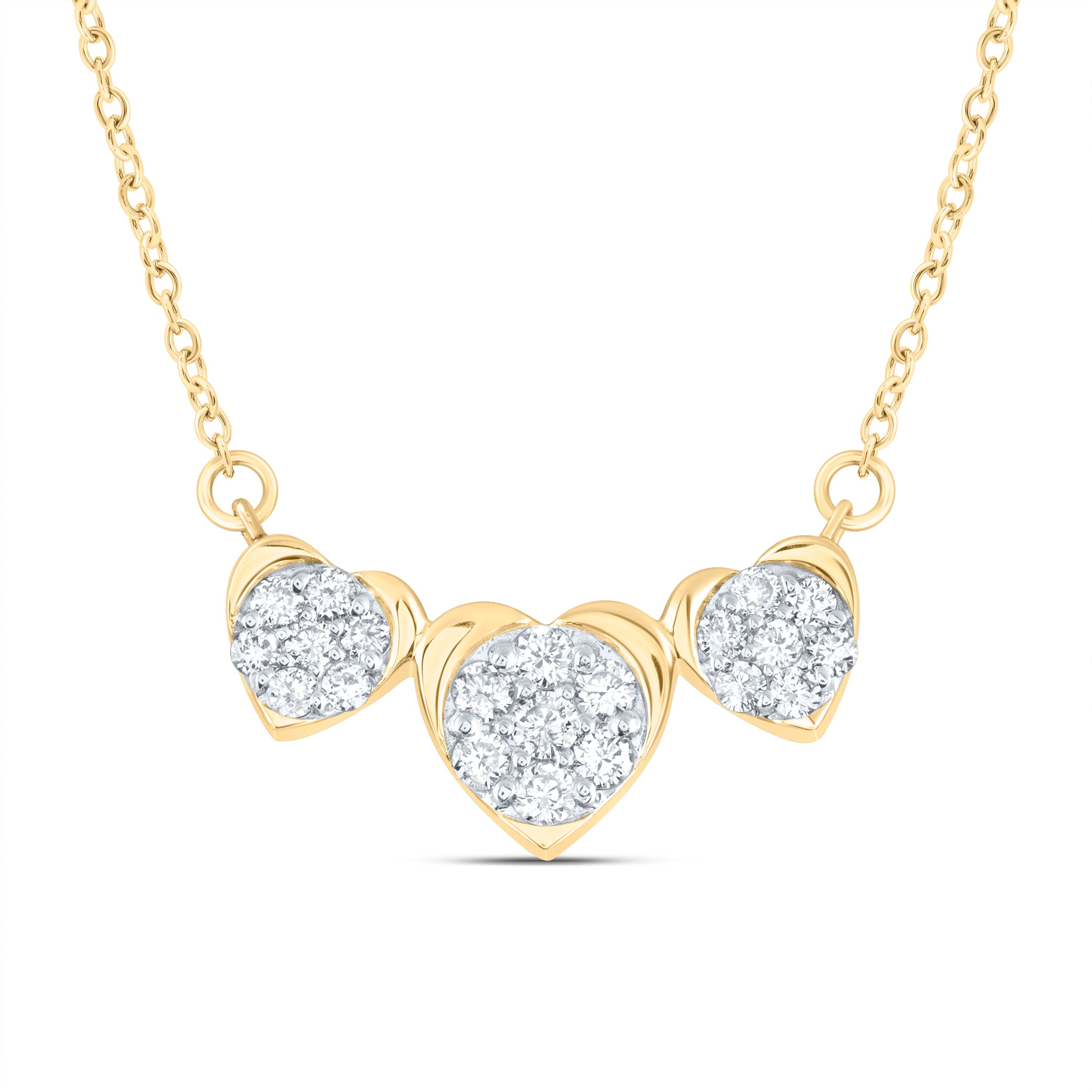 10kt Yellow Gold Womens Round Diamond Triple Heart Necklace 1/4 Cttw