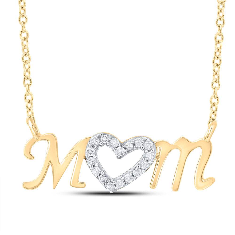 10kt Yellow Gold Womens Round Diamond Heart Mom Necklace 1/10 Cttw