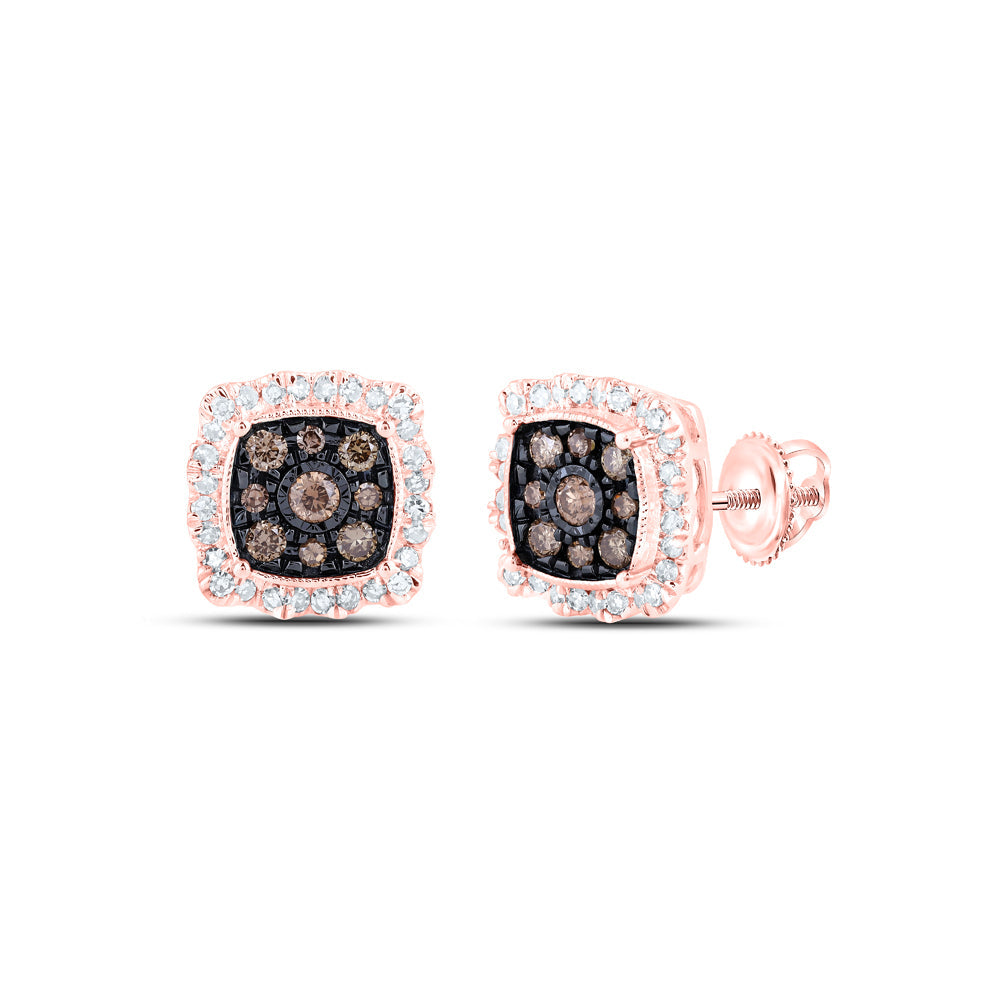 10kt Rose Gold Womens Round Brown Diamond Square Earrings 5/8 Cttw