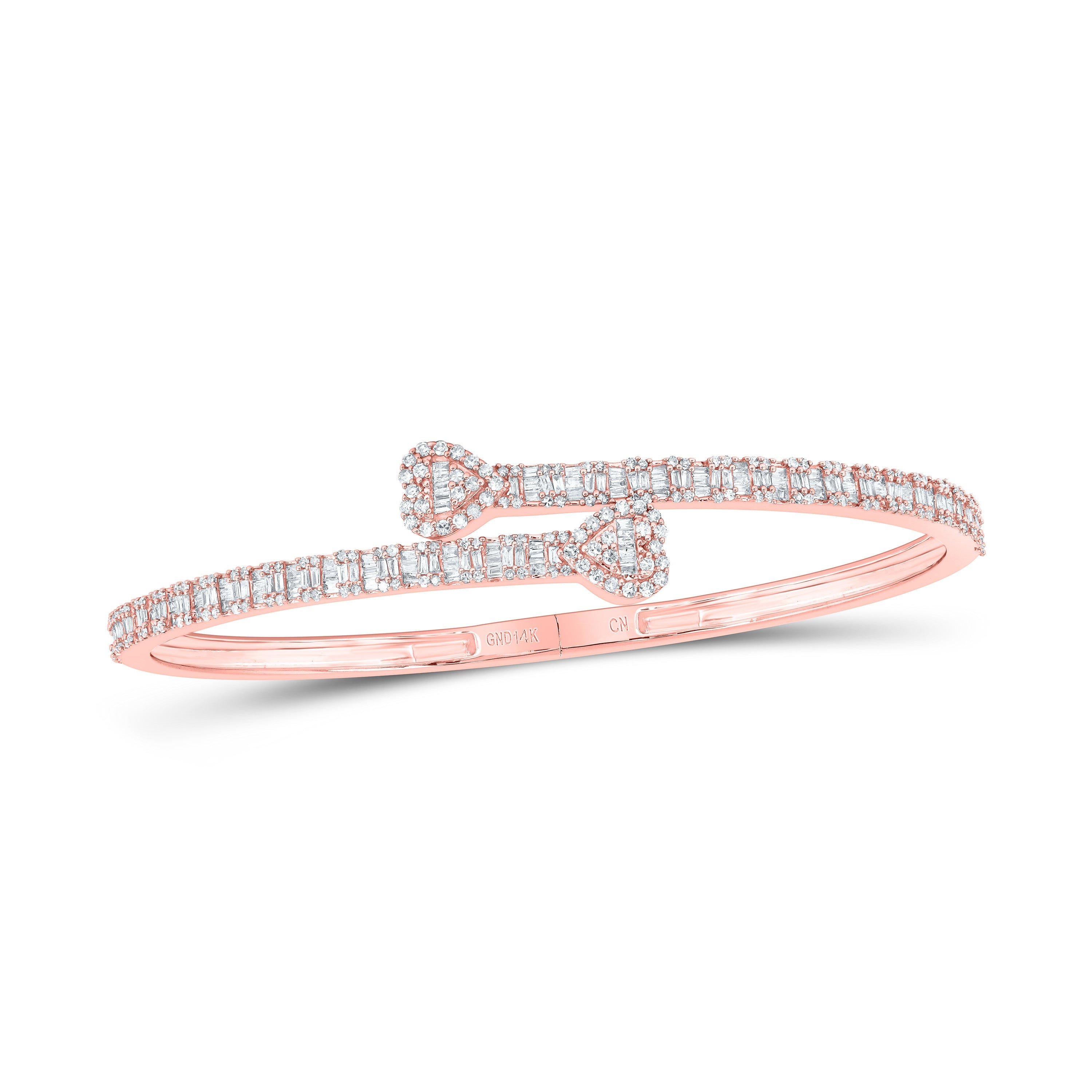 14kt Rose Gold Womens Baguette Diamond Heart Cuff Bangle Bracelet 1-1/2 Cttw