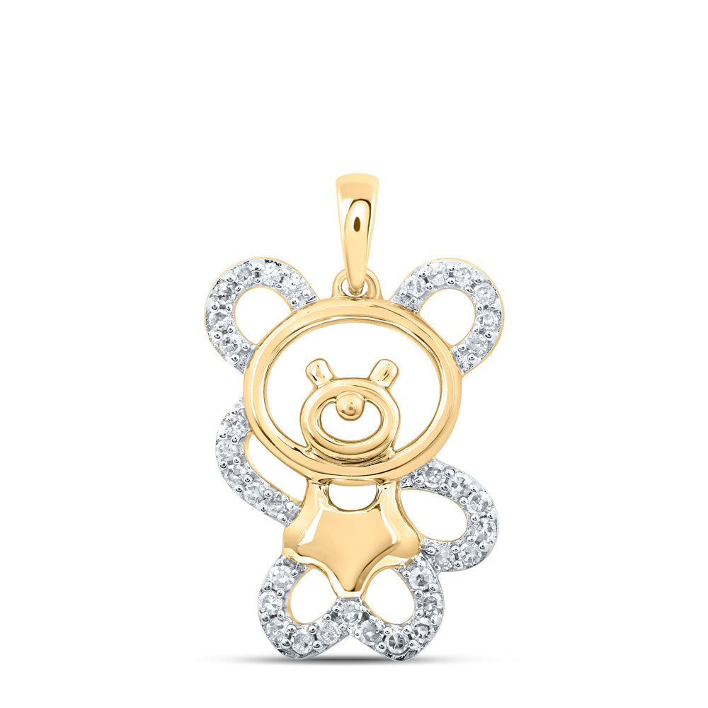 10kt Yellow Gold Womens Round Diamond Teddy Bear Animal Pendant 1/6 Cttw