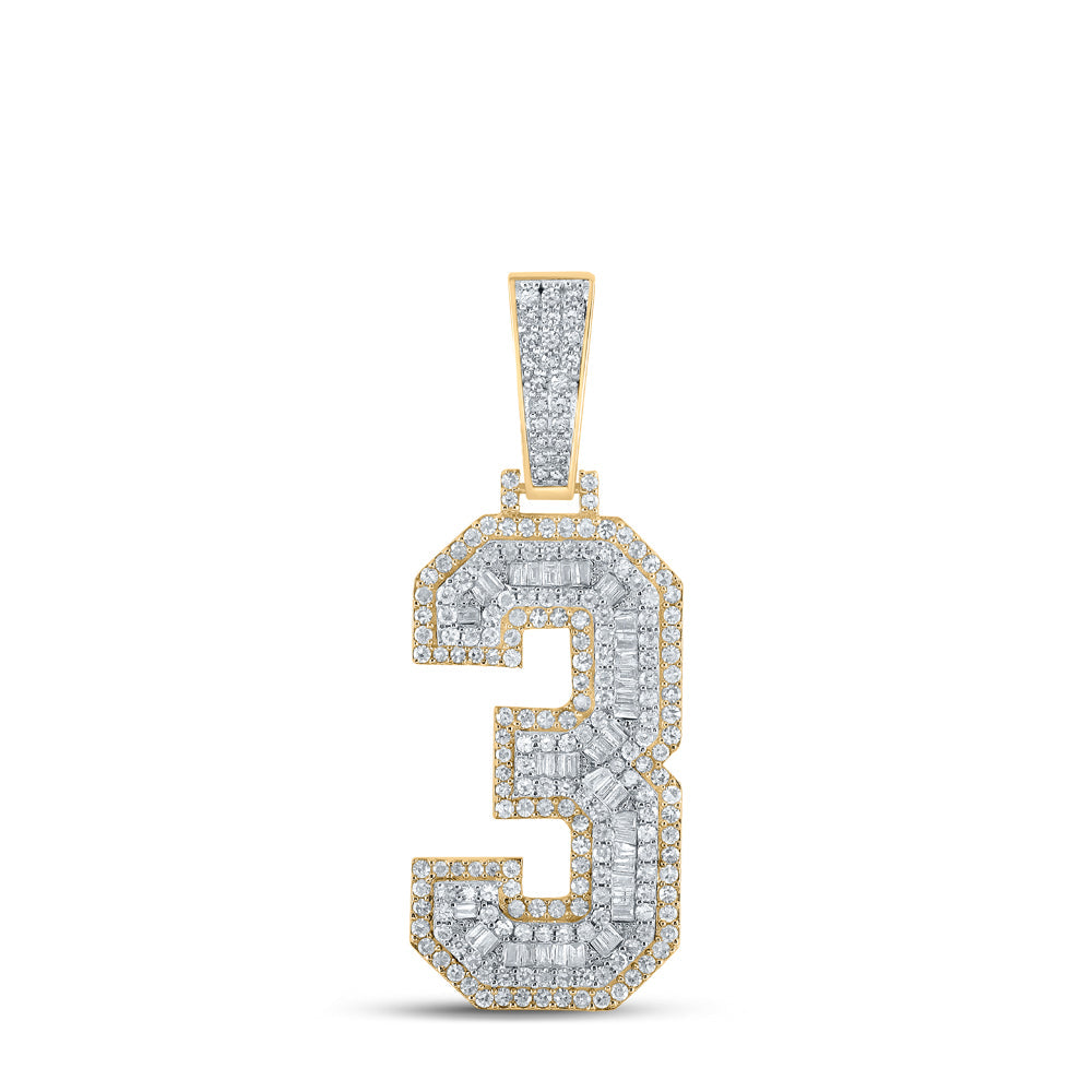 14kt Two-tone Gold Mens Baguette Diamond Number 3 Charm Pendant 1-1/2 Cttw