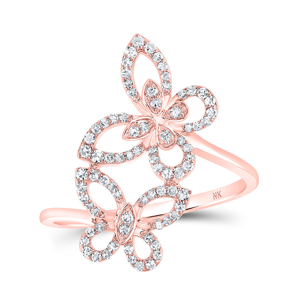 10kt Rose Gold Womens Round Diamond Double Butterfly Ring 1/3 Cttw