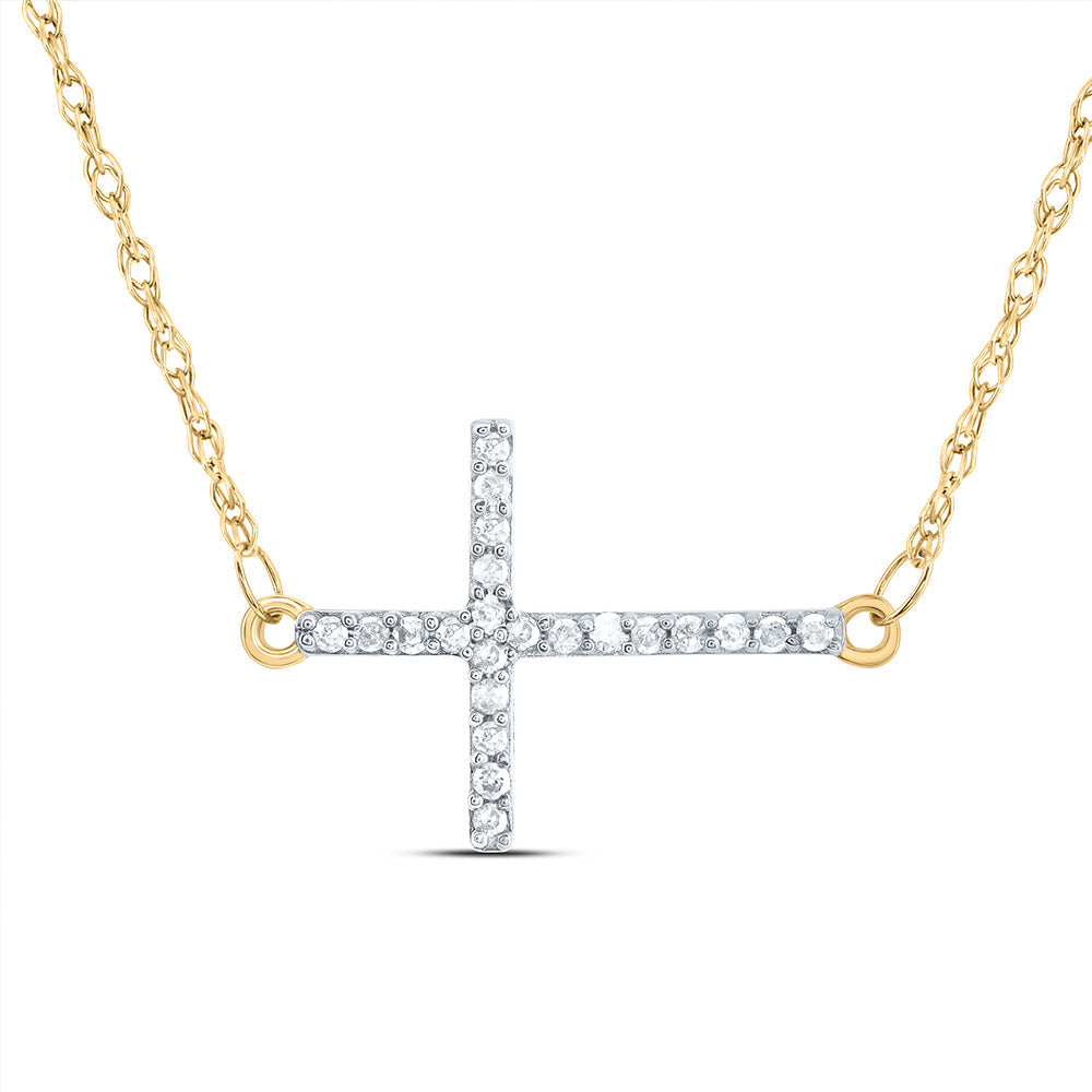 10kt Yellow Gold Womens Round Diamond Horizontal Cross Necklace 1/20 Cttw