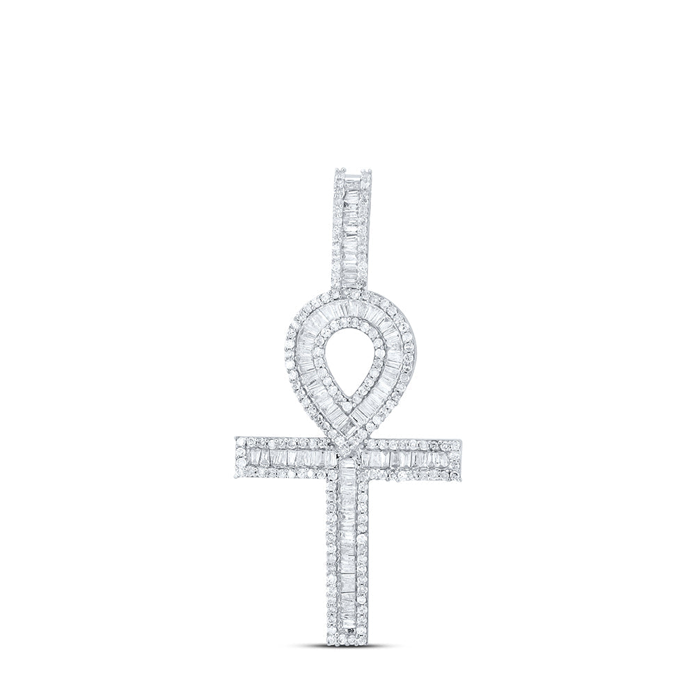 10kt Yellow Gold Mens Baguette Diamond Ankh Cross Charm Pendant 1-5/8 Cttw