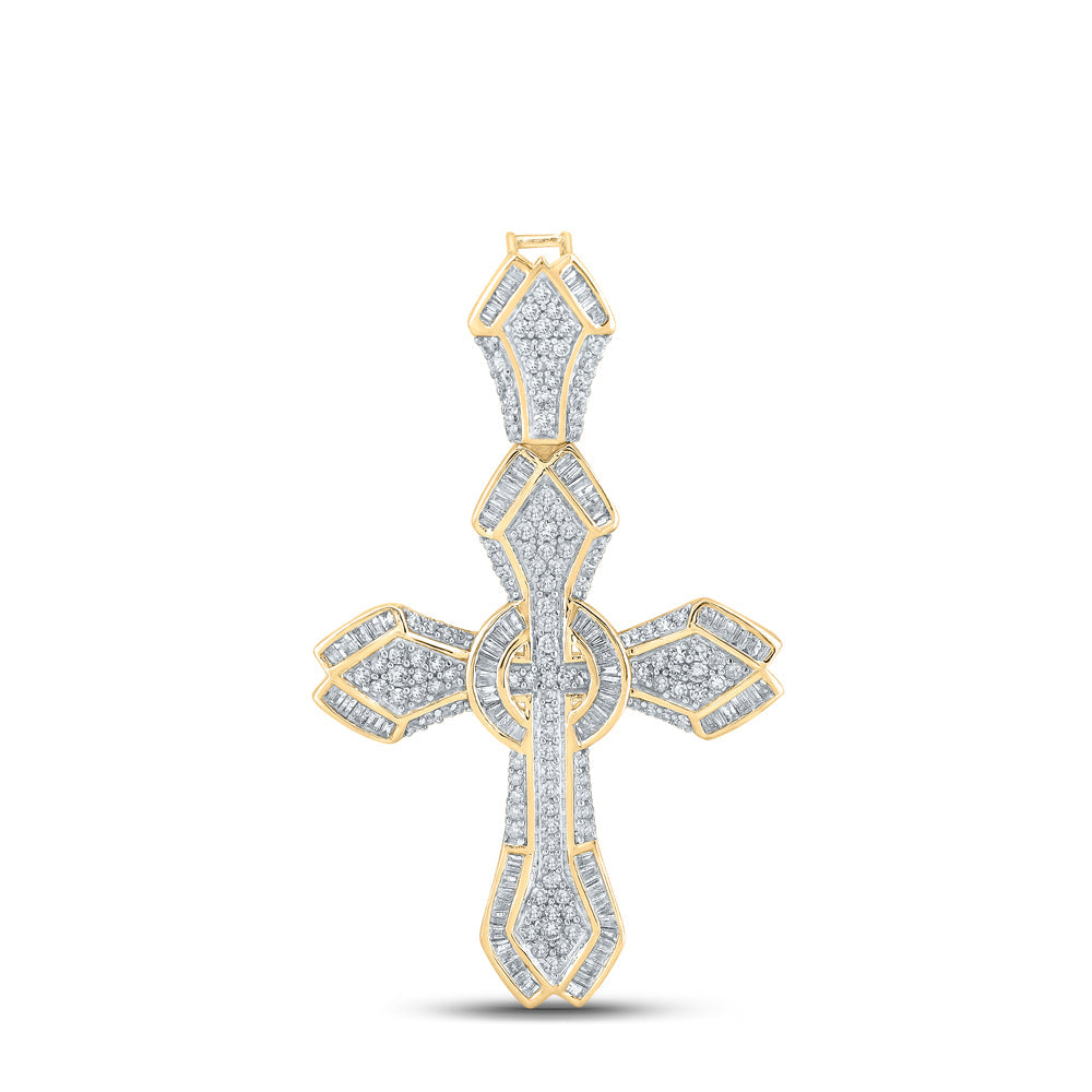 14kt Yellow Gold Mens Baguette Diamond Cross Charm Pendant 1-5/8 Cttw