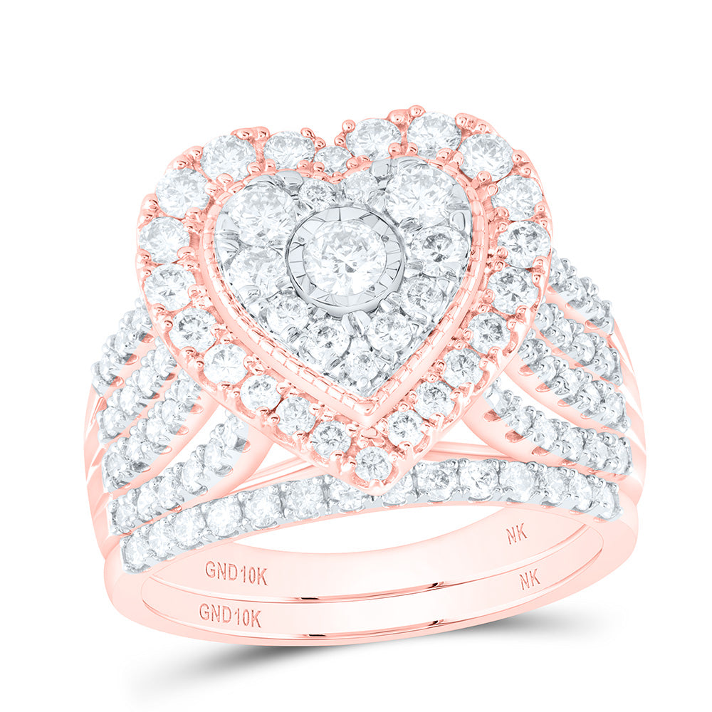 10kt Rose Gold Round Diamond Heart Bridal Wedding Ring Band Set 1-1/2 Cttw