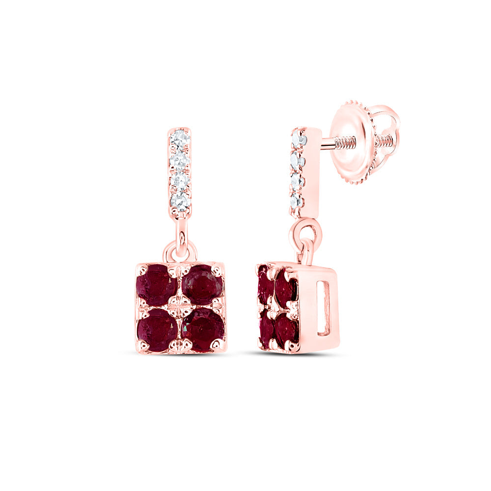 14kt Rose Gold Womens Round Ruby Diamond Square Dangle Earrings 1/3 Cttw