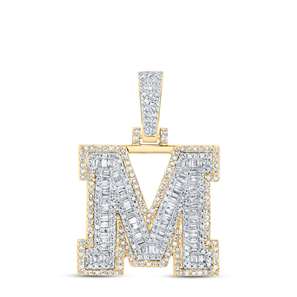 10kt Yellow Gold Mens Baguette Diamond M Initial Letter Charm Pendant 7/8 Cttw