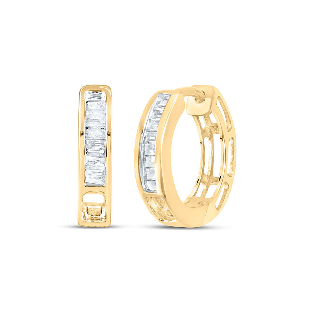 14kt Yellow Gold Womens Baguette Diamond Huggie Hoop Earrings 1/6 Cttw