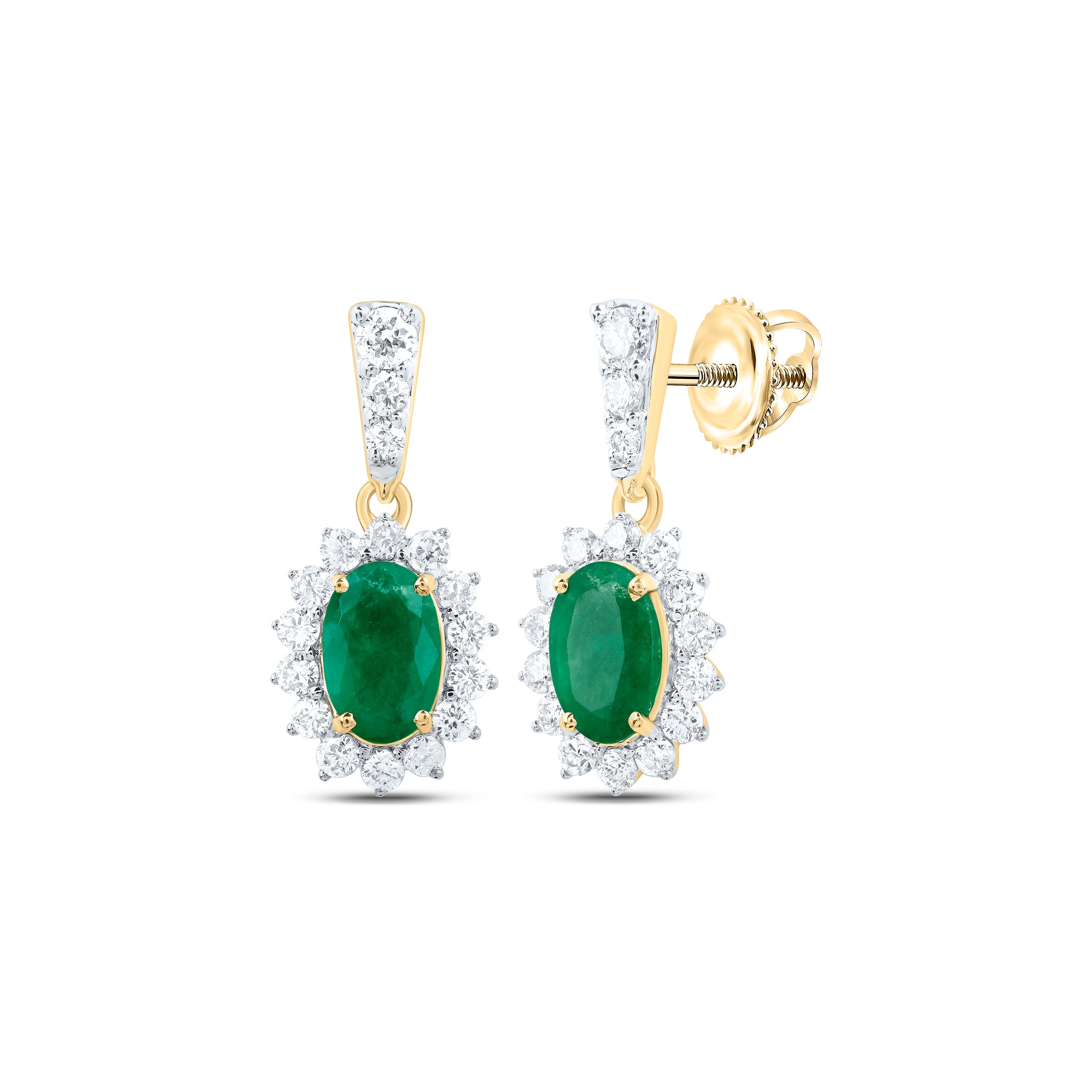 10kt Yellow Gold Womens Oval Emerald Diamond Dangle Earrings 1-5/8 Cttw