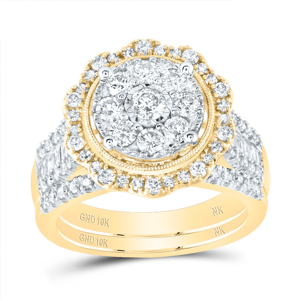 10kt Yellow Gold Round Diamond Cluster Bridal Wedding Ring Band Set 1-1/2 Cttw