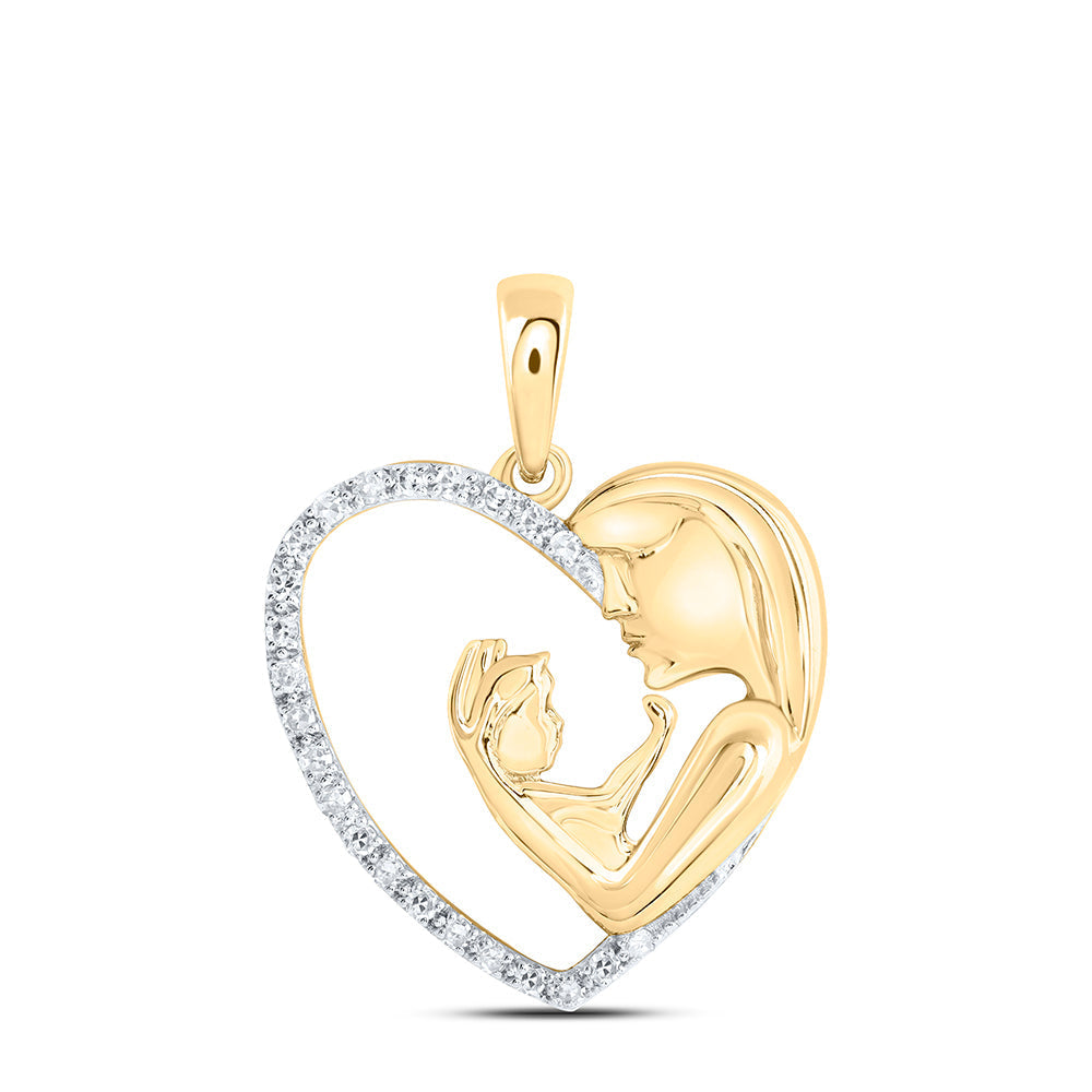 10kt Yellow Gold Womens Round Diamond Mom Child Heart Pendant 1/10 Cttw