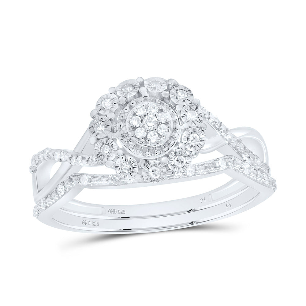 Sterling Silver Round Diamond Cluster Bridal Wedding Ring Band Set 1/5 Cttw