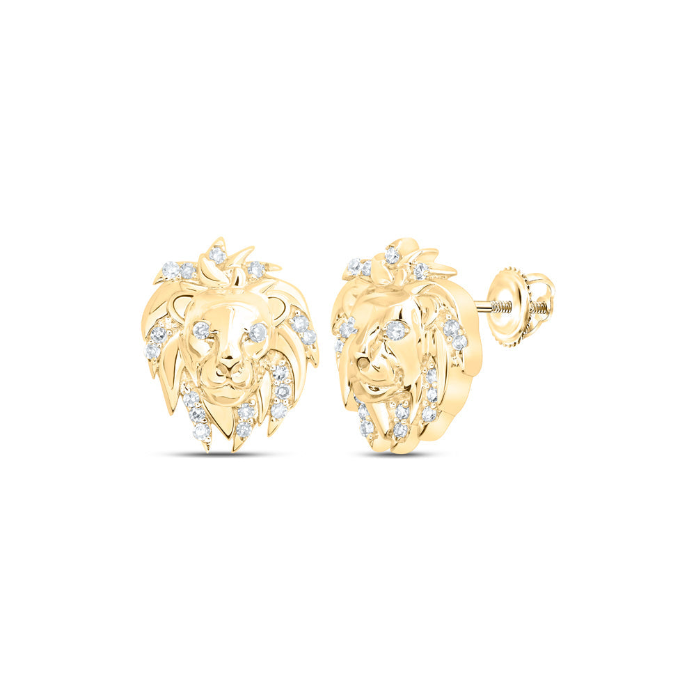10kt Yellow Gold Round Diamond Lion Face Stud Earrings 1/12 Cttw