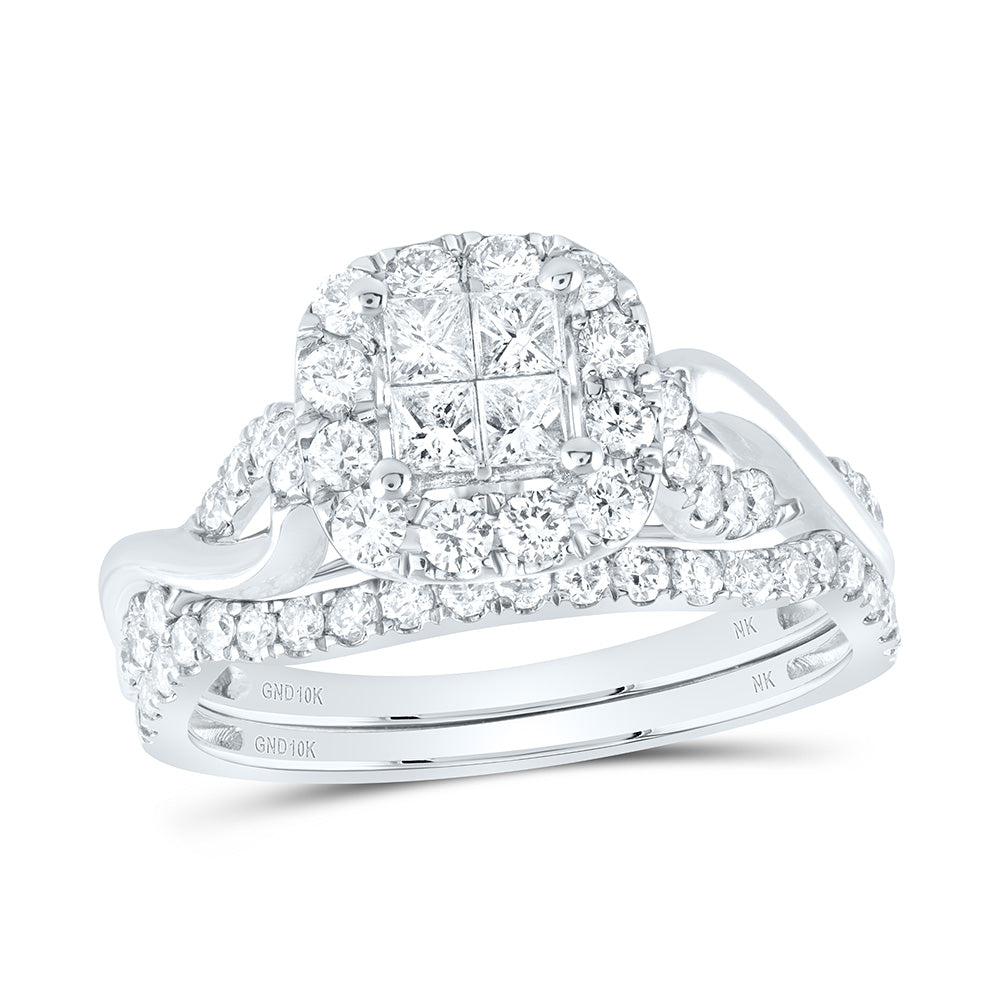 10kt White Gold Princess Diamond Square Bridal Wedding Ring Band Set 1 Cttw