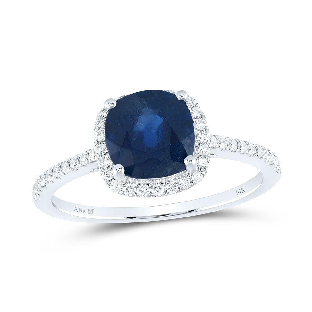 14kt White Gold Womens Cushion Blue Sapphire Diamond Halo Ring 2-1/3 Cttw