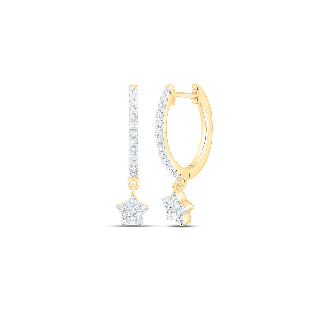 10kt Yellow Gold Womens Round Diamond Star Hoop Dangle Earrings 1