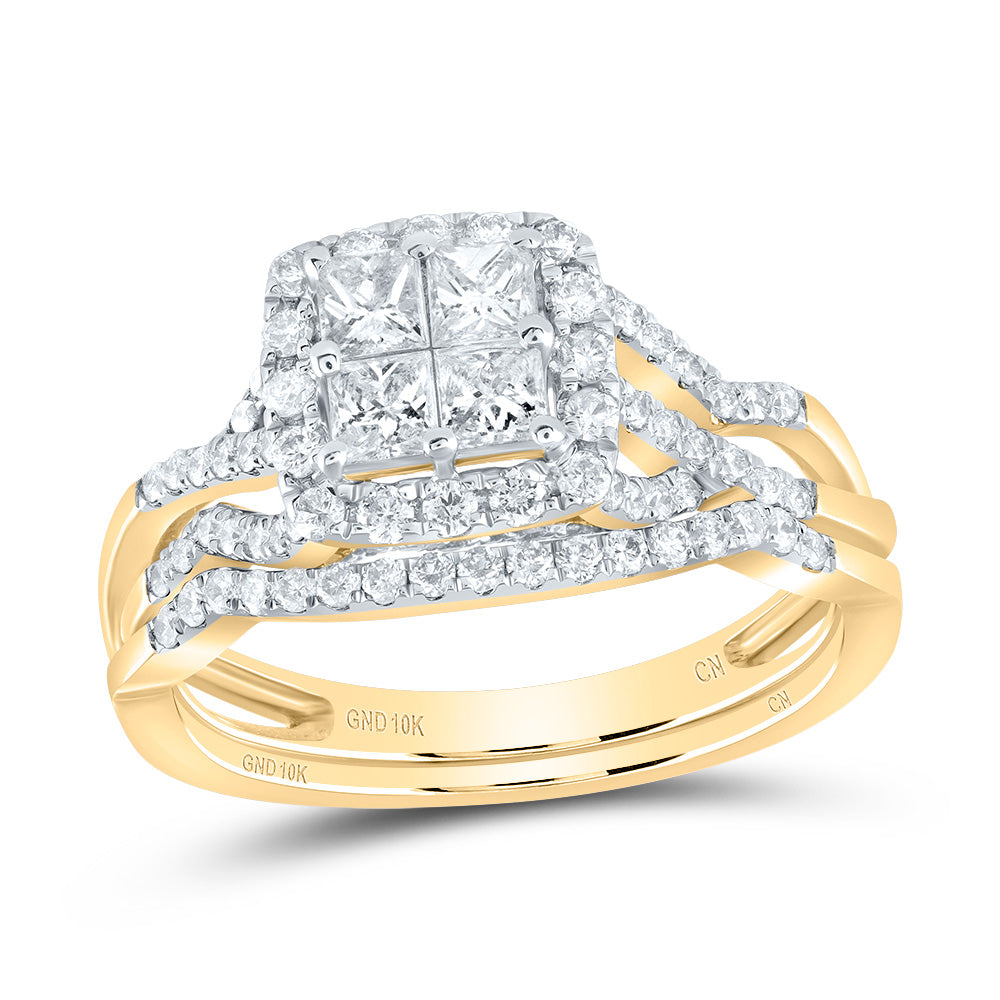 10kt Yellow Gold Princess Diamond Square Bridal Wedding Ring Band Set 1 Cttw