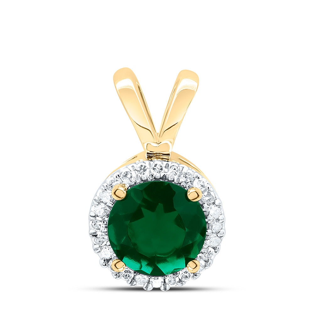 10k Yellow Gold Womens Synthetic Emerald Solitaire & Diamond Halo Pendant 7/8 Cttw