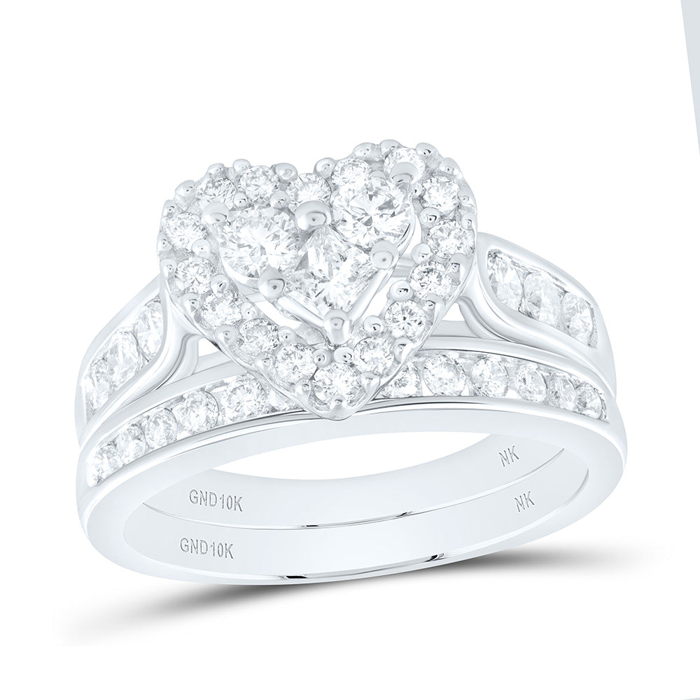 10kt White Gold Princess Diamond Heart Bridal Wedding Ring Band Set 1 Cttw