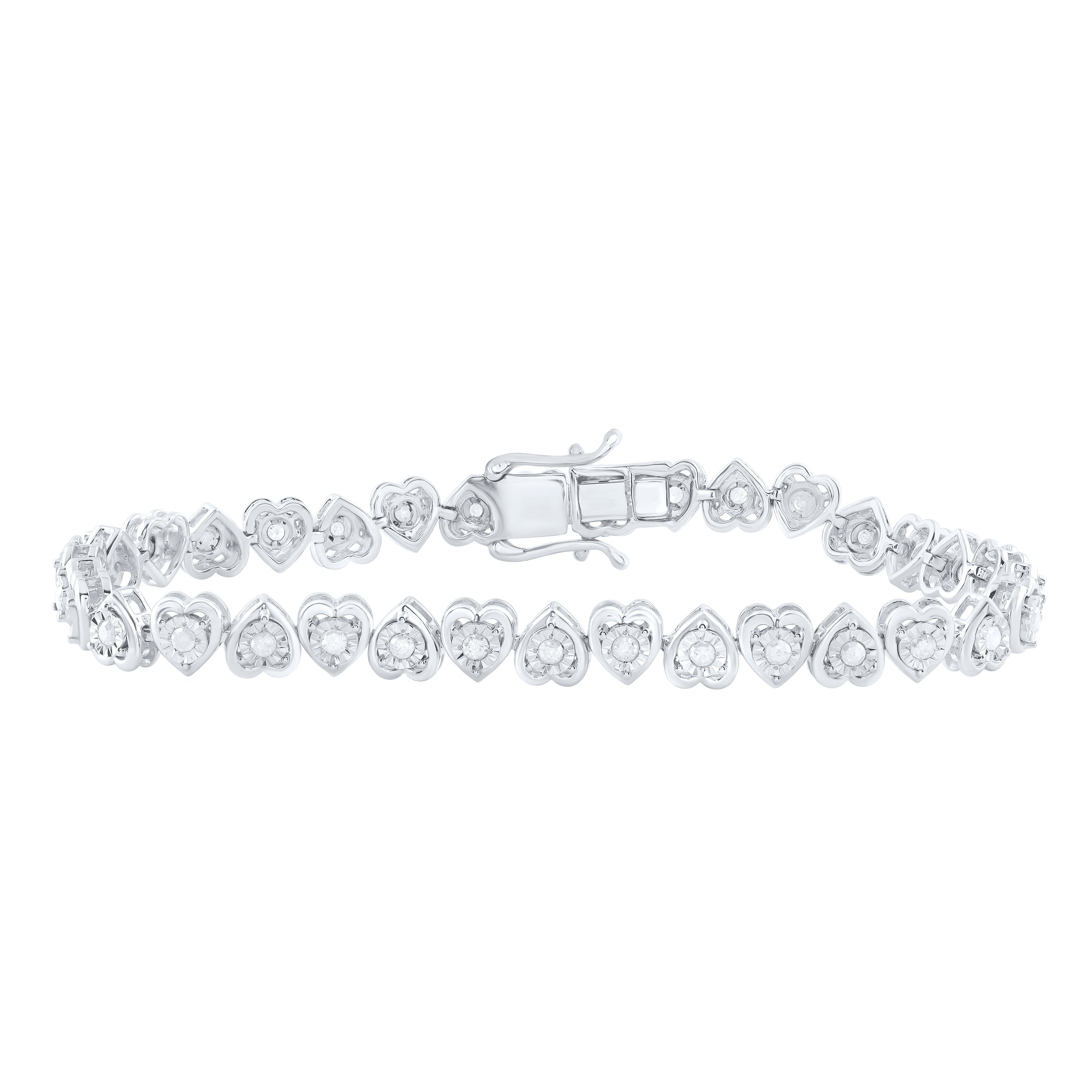 Sterling Silver Womens Round Diamond Heart Tennis Bracelet 1 Cttw