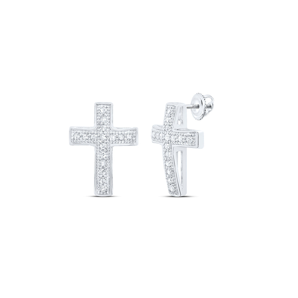 Sterling Silver Womens Round Diamond Cross Earrings 1/10 Cttw