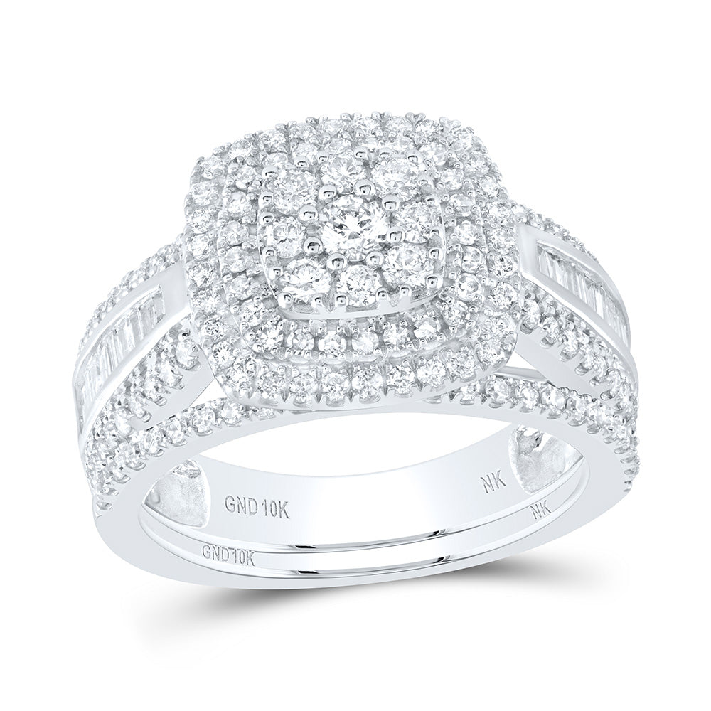 10kt White Gold Round Diamond Square Bridal Wedding Ring Band Set 1-1/4 Cttw