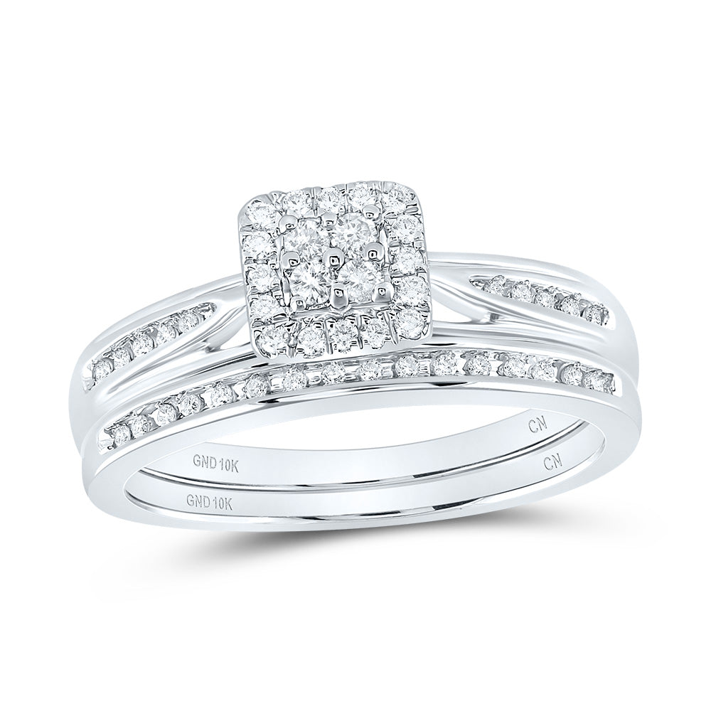 10kt White Gold Diamond Square Cluster Bridal Wedding Ring Band Set 1/4 Cttw