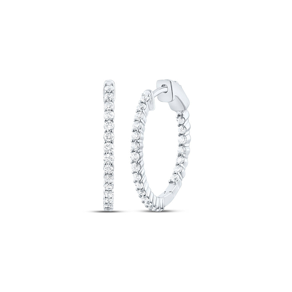 10kt White Gold Womens Round Inside Outside Diamond Hoop Earrings 1 Cttw