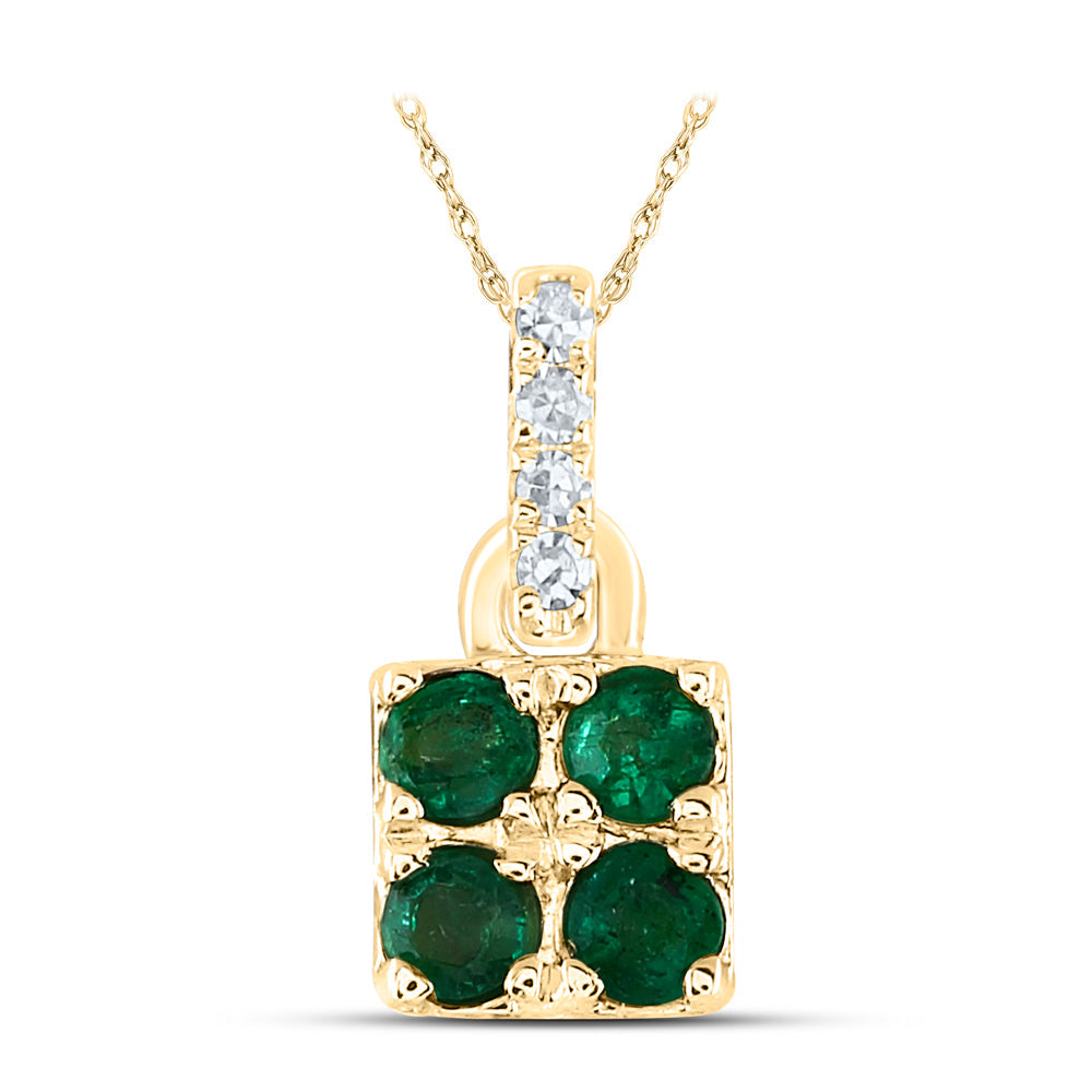 14kt Yellow Gold Womens Round Emerald Diamond Square Pendant 1/10 Cttw