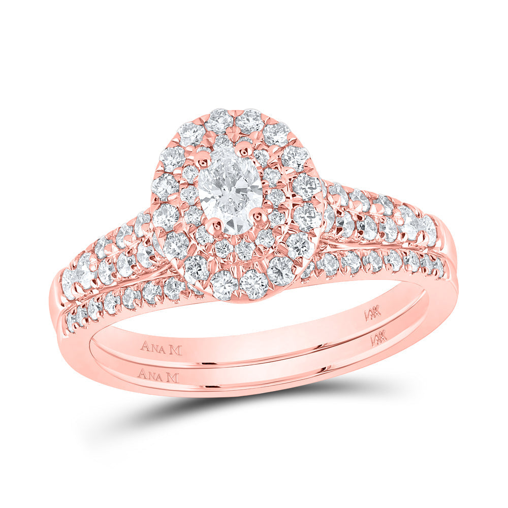 14kt Rose Gold Oval Diamond Halo Bridal Wedding Ring Band Set 1 Cttw