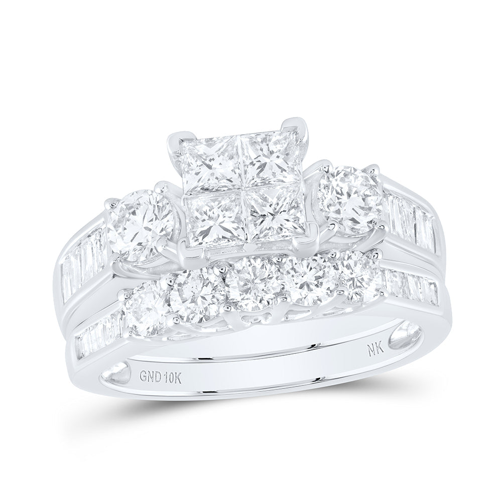 10kt White Gold Princess Diamond Square Bridal Wedding Ring Band Set 2 Cttw