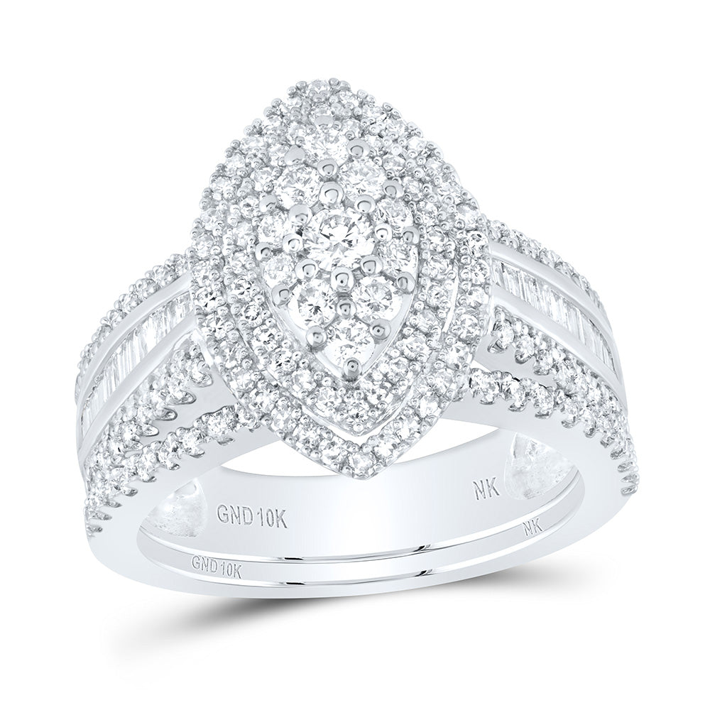 10kt White Gold Round Diamond Oval Bridal Wedding Ring Band Set 1-1/4 Cttw
