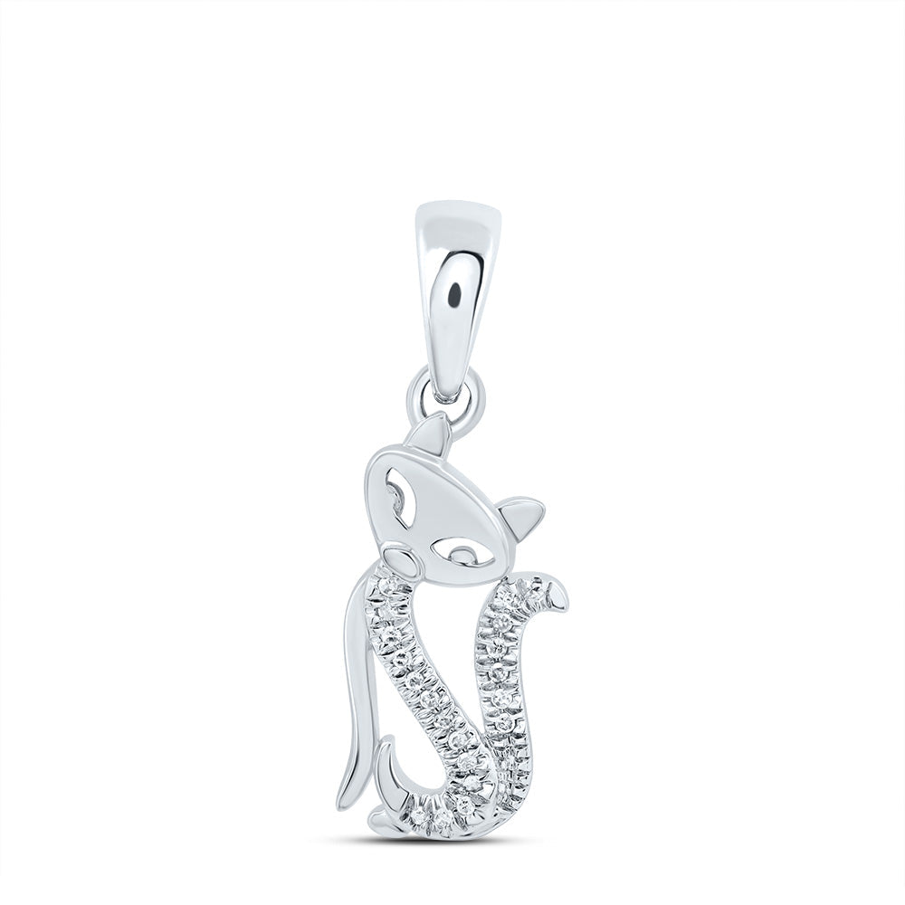 10kt White Gold Womens Round Diamond Kitty Cat Animal Pendant 1/20 Cttw