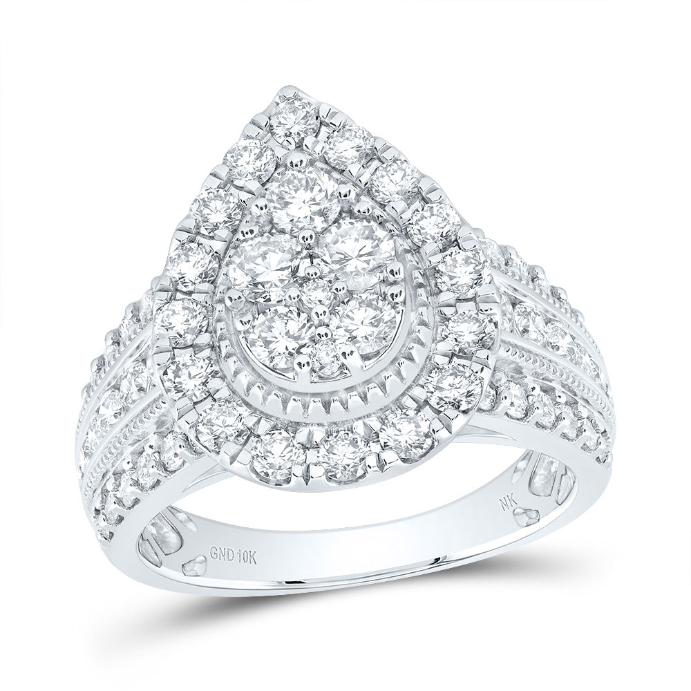 10kt White Gold Womens Round Diamond Teardrop Cluster Ring 2 Cttw