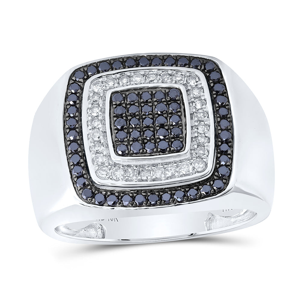 10kt White Gold Mens Round Black Color Treated Diamond Square Ring 3/4 Cttw