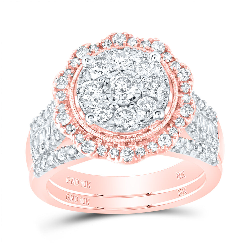 10kt Rose Gold Round Diamond Cluster Bridal Wedding Ring Band Set 1-1/2 Cttw