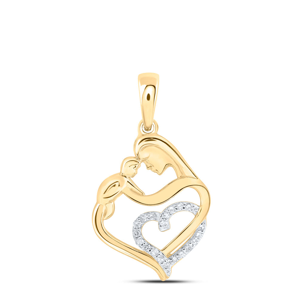 10kt Yellow Gold Womens Round Diamond Mom Child Heart Pendant 1/12 Cttw