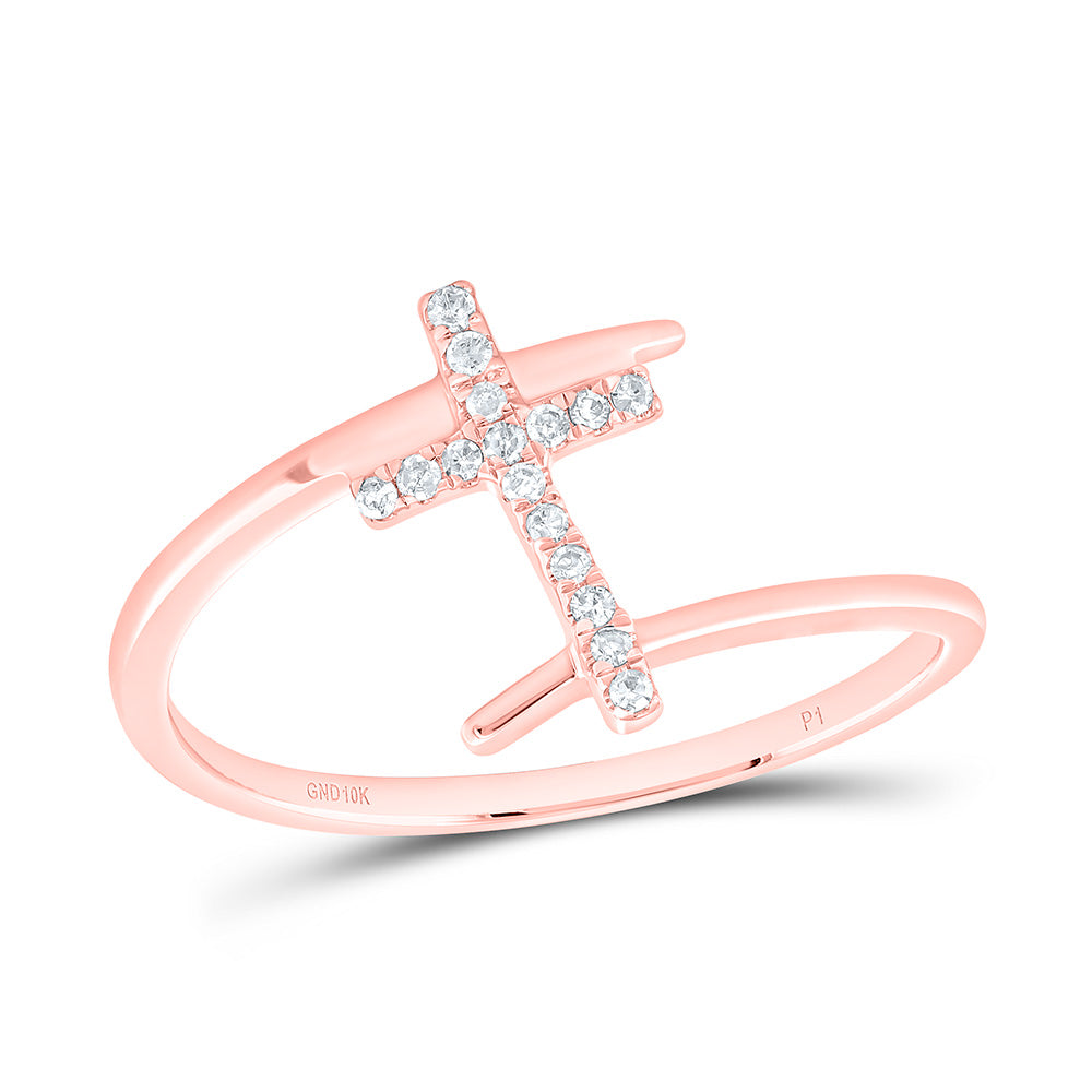 10kt Rose Gold Womens Round Diamond Bypass Cross Ring 1/12 Cttw