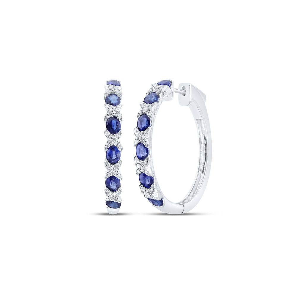 14kt White Gold Womens Oval Blue Sapphire Diamond Hoop Earrings 3-1/3 Cttw