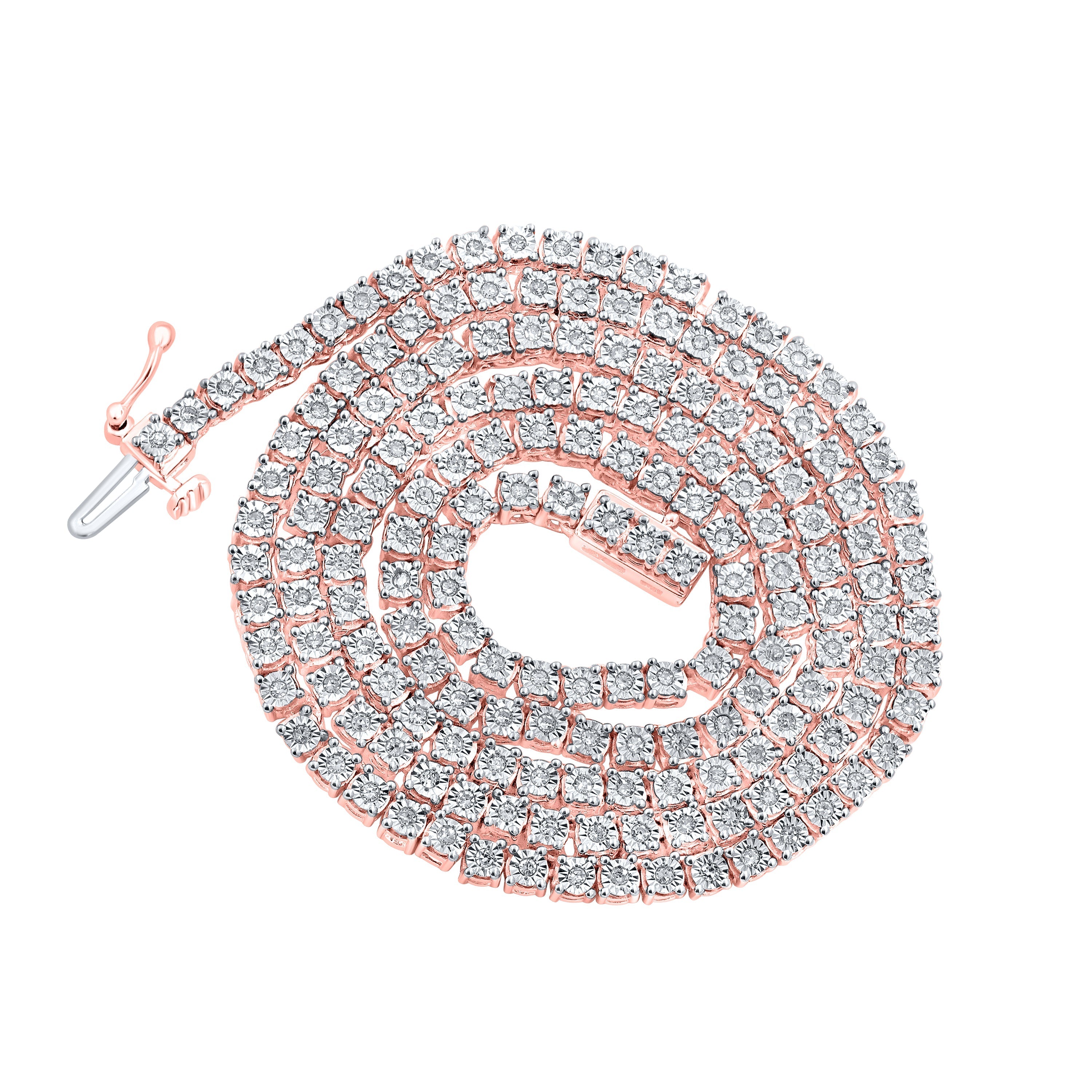 Rose-tone Sterling Silve Mens Round Diamond 18-inch Tennis Chain Necklace 1-1/5 Cttw