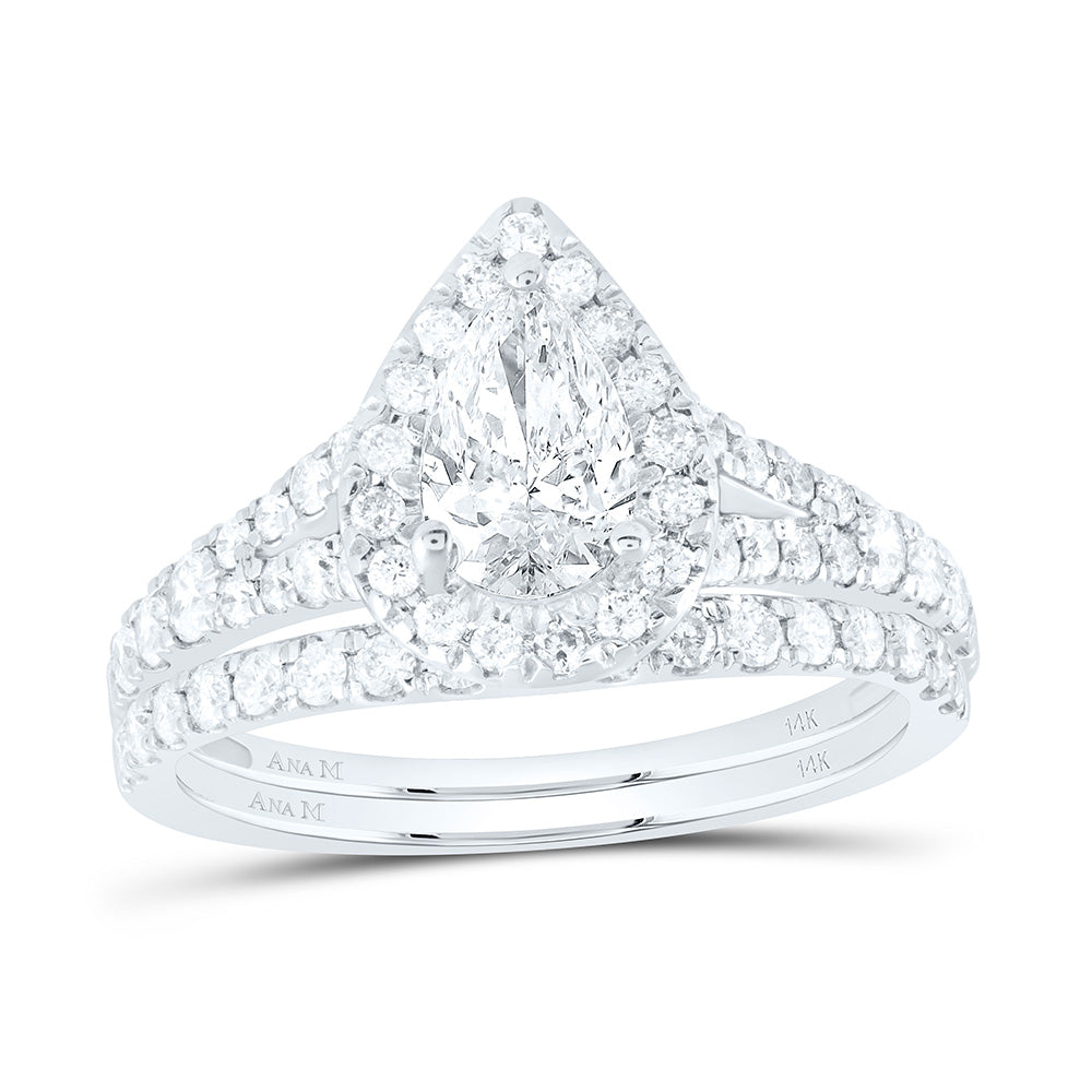 14kt White Gold Pear Diamond Halo Bridal Wedding Ring Band Set 1-1/2 Cttw
