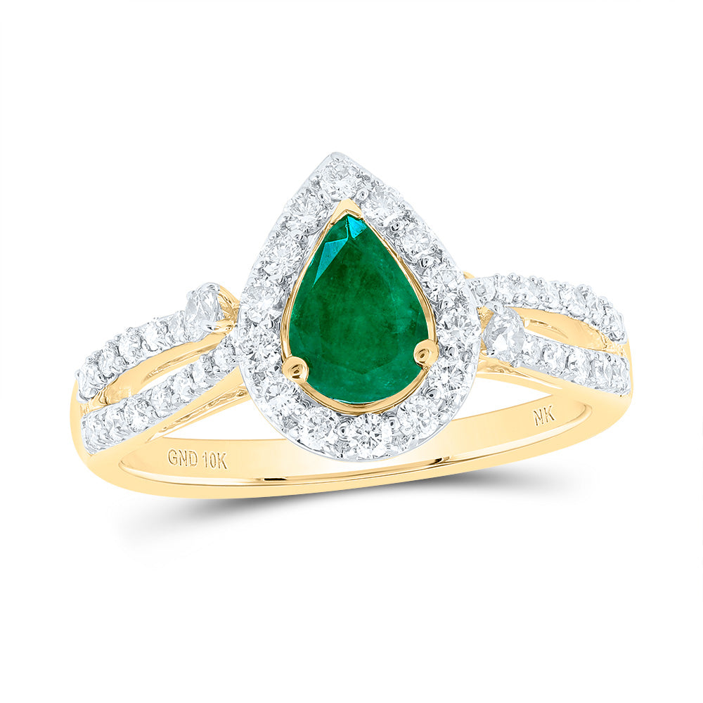 10kt Yellow Gold Womens Pear Emerald Diamond Fashion Ring 1 Cttw