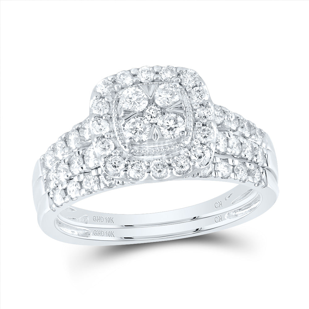 10kt White Gold Round Diamond Square Cluster Bridal Wedding Ring Band Set 1 Cttw