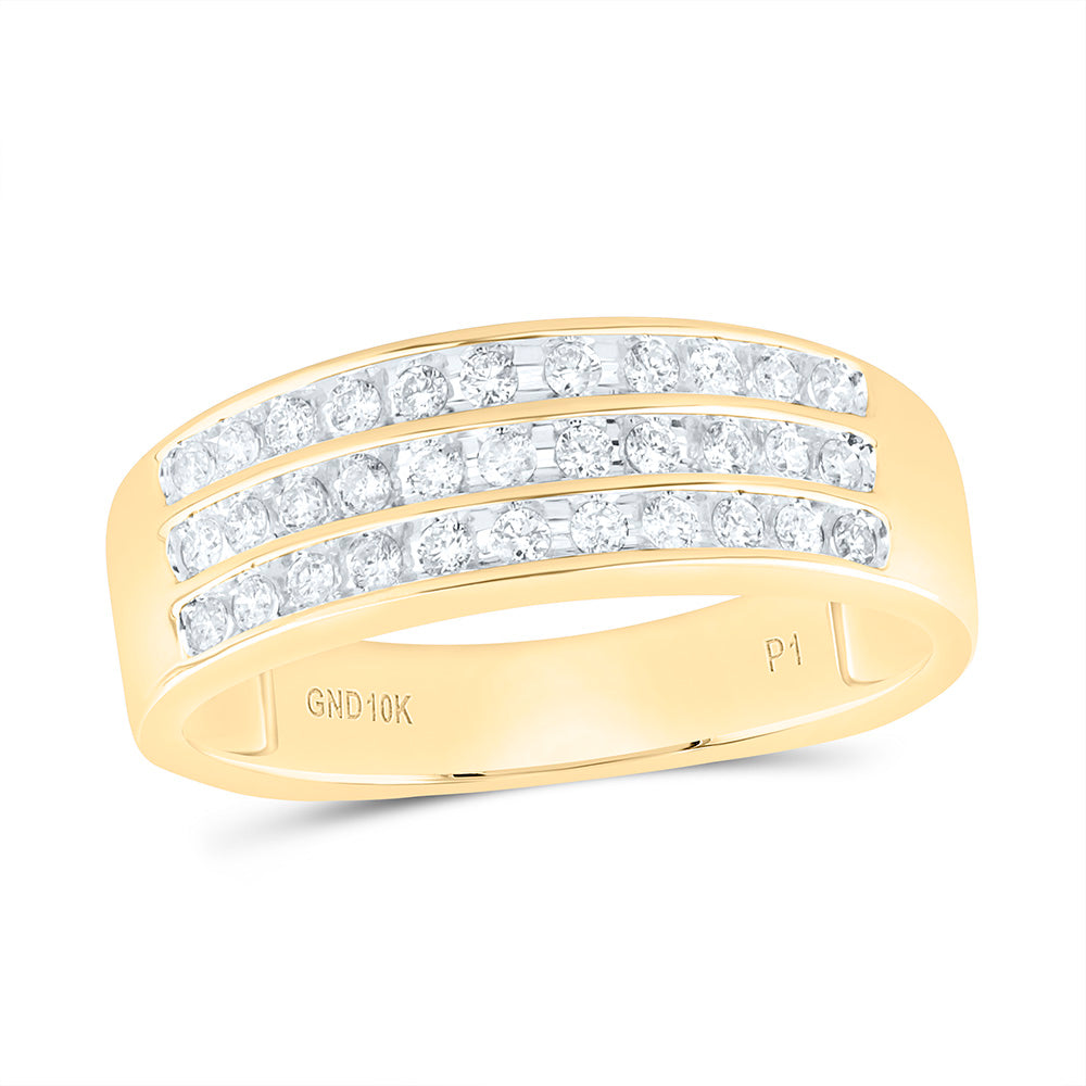 10kt Yellow Gold Mens Round Diamond Wedding 3-Row Band Ring 1/2 Cttw