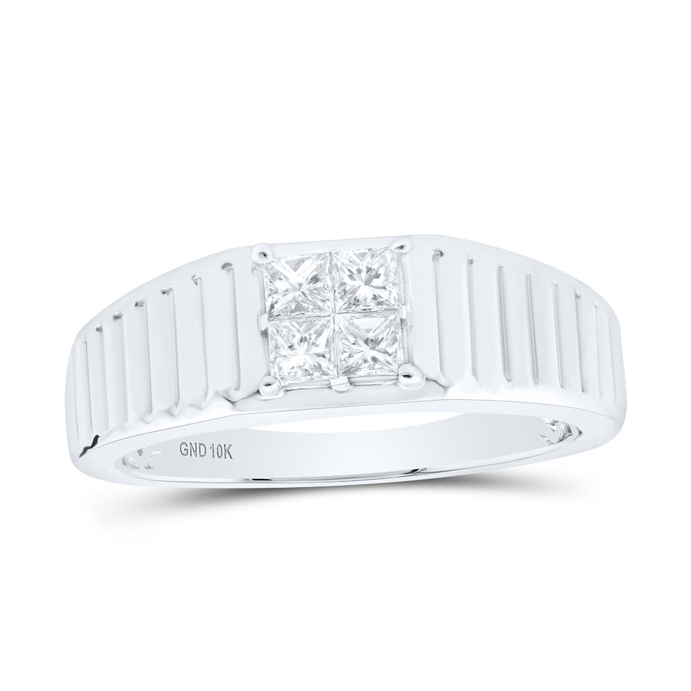 10kt White Gold Mens Princess Diamond Ribbed Shank Band Ring 1/2 Cttw