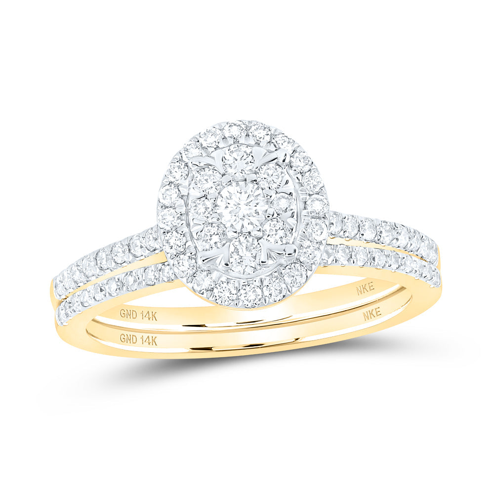 14kt Yellow Gold Round Diamond Slender Oval Bridal Wedding Ring Band Set 5/8 Cttw